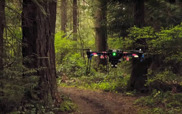 AI in drones navigating obstacles in a forest.